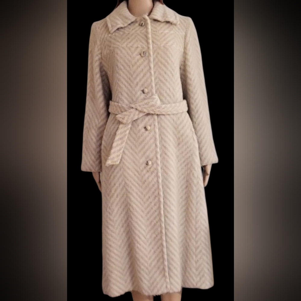 Vintage 70s Niccolini Wool-blend Chevron Stripe Winter Coat / XS /Beige, Ivory